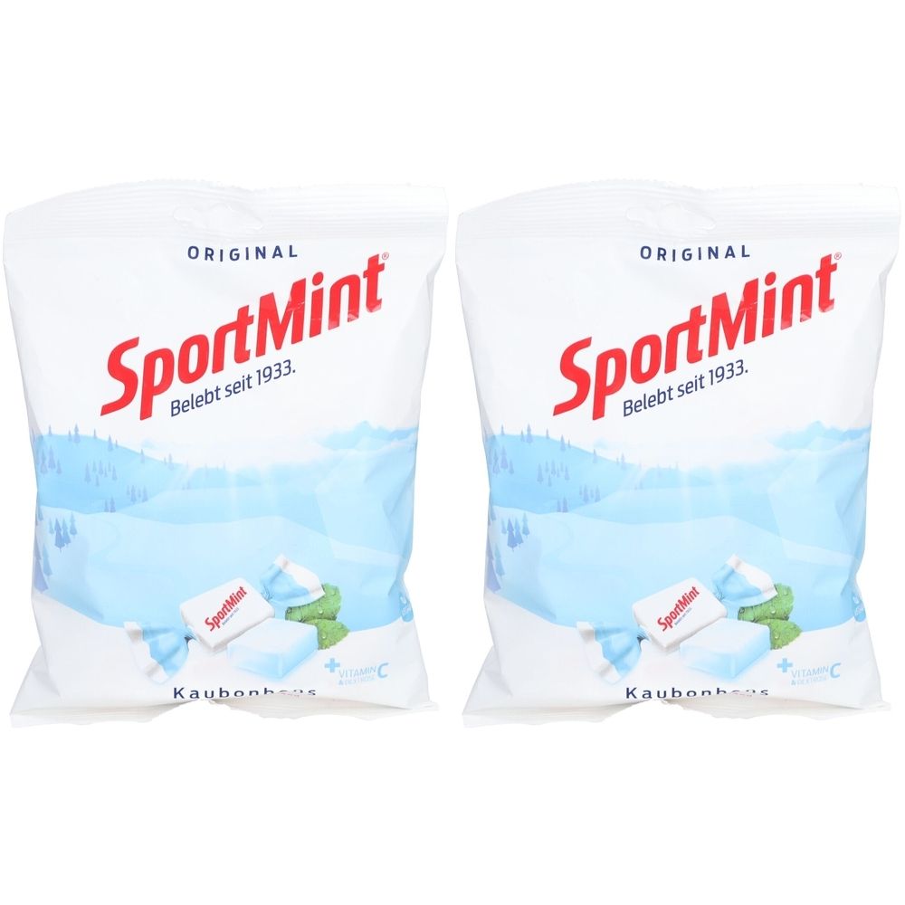 Deux sachets blancs. Inscription: SportMint, Original, depuis 1933. Illustration de bonbons et de menthe. Bonbons à mâcher.