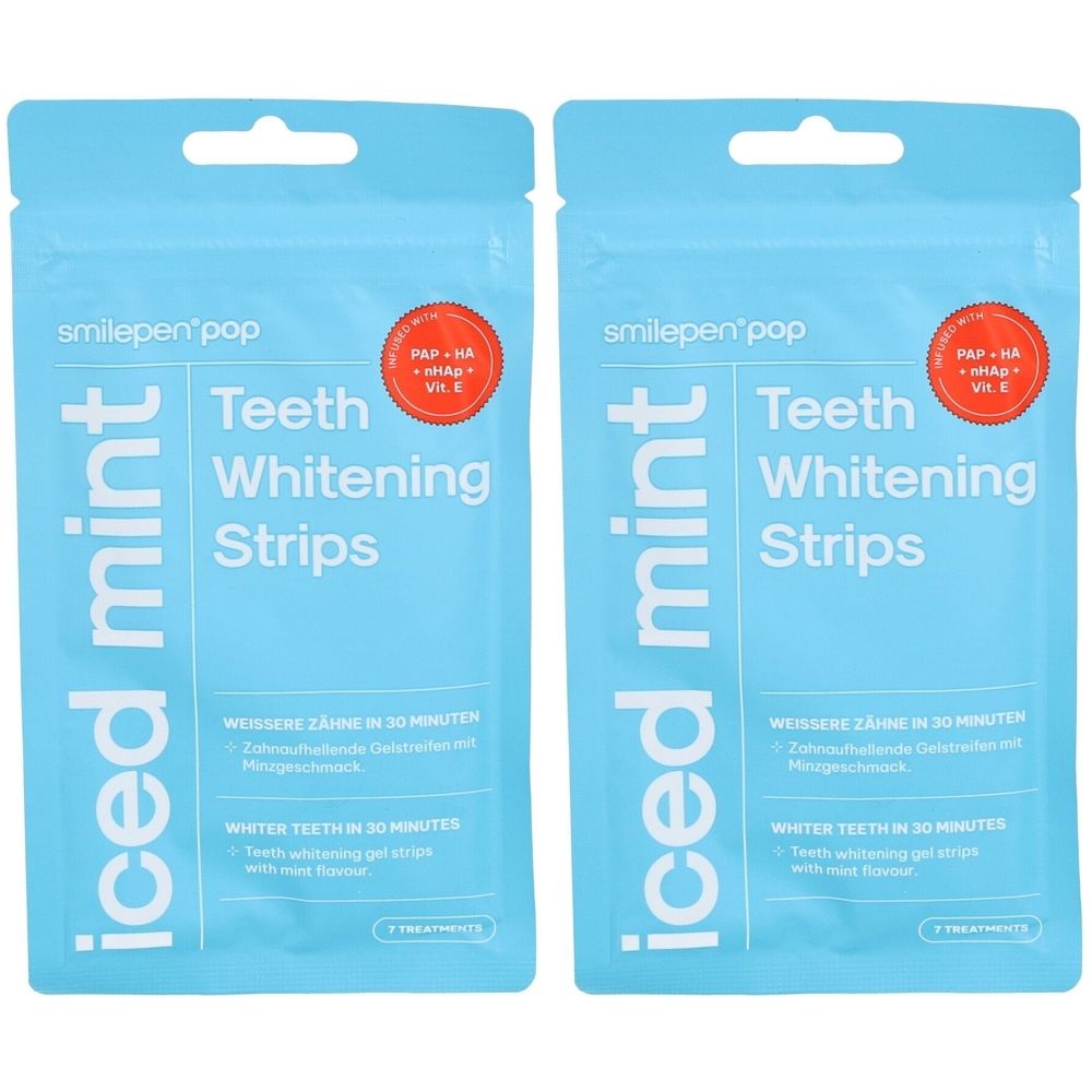 Deux paquets de bandes blanchissantes SMILEPEN Pop Iced Mint. Emballage bleu clair avec le nom du produit et l'inscription 'Teeth Whitening Strips'.