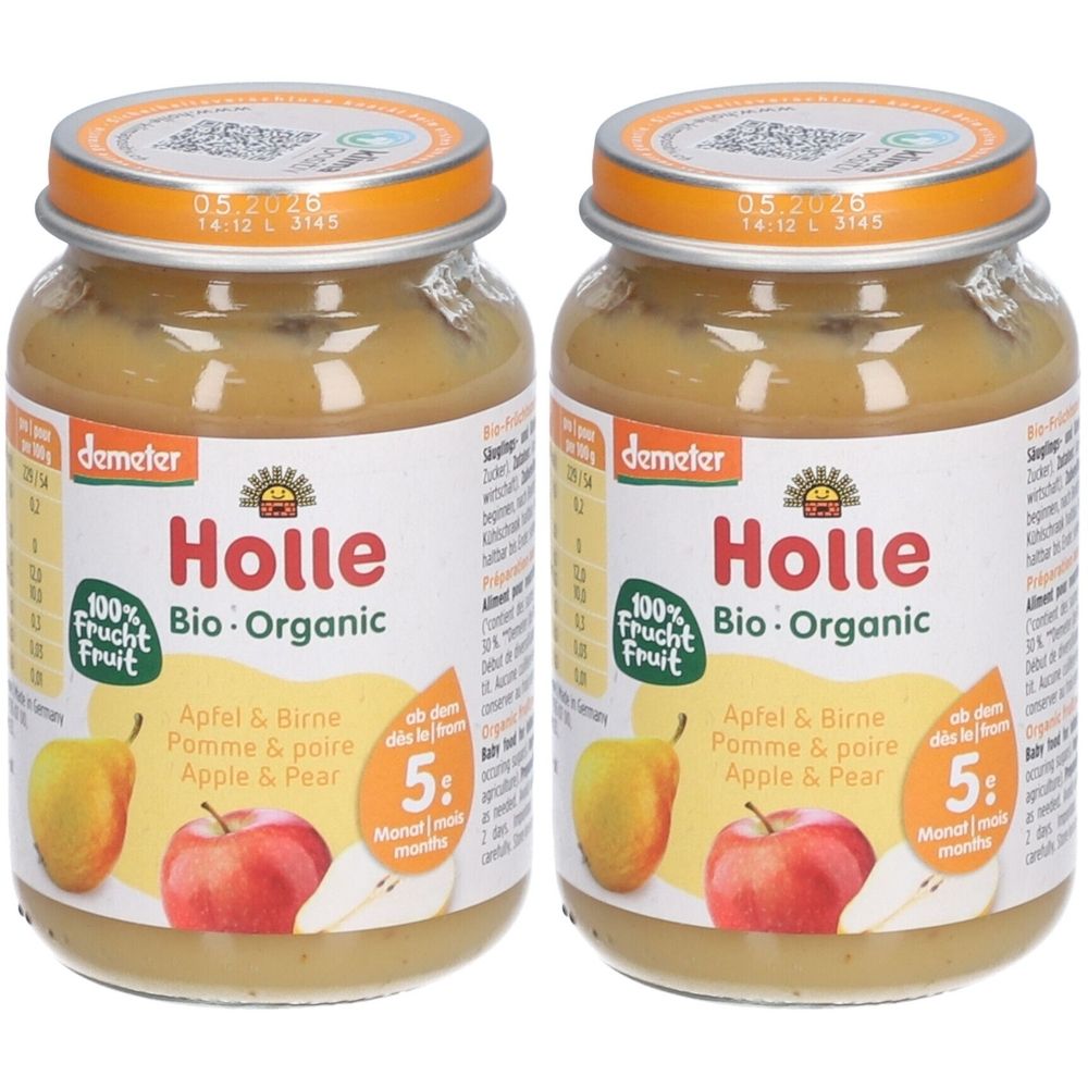 Deux pots de Holle Bio-pomme et -poire. Inscription : Holle Bio-Organic, 100% fruits. Label Demeter. Dès 5 mois.