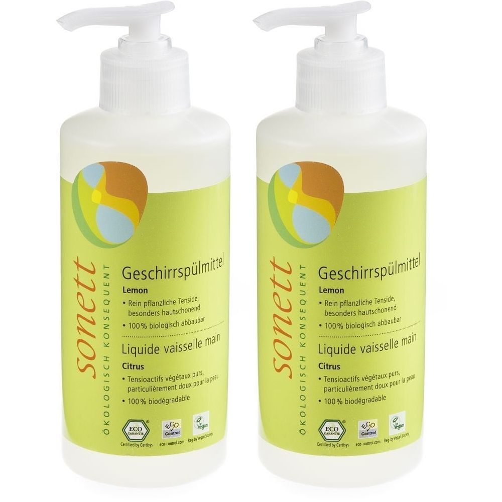 Deux flacons de liquide vaisselle avec pompe. Inscription : sonett, Liquide vaisselle main, 100% biodégradable. Avec label écologique.