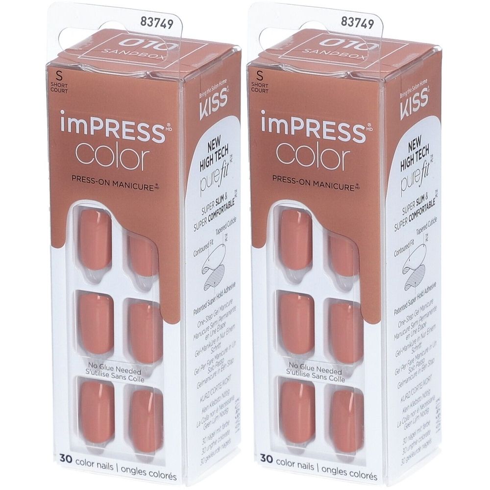 Deux boîtes de faux ongles. Forme rectangulaire, couleur rose-brun. Marque : imPRESS Color. Emballage de 30 ongles.