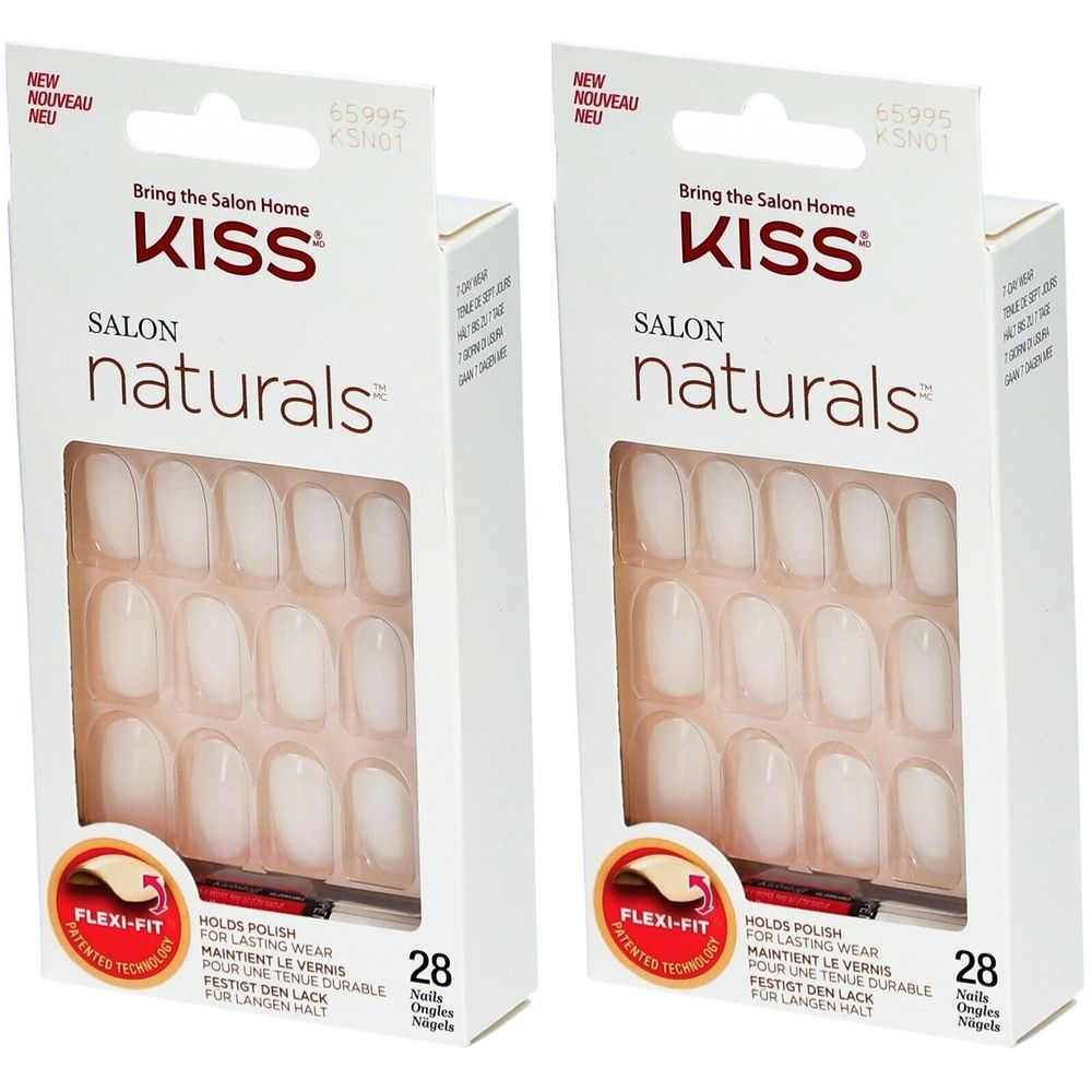 Deux boîtes de faux ongles Kiss Salon Naturals. Ongles blancs. Chaque boîte contient 28 pièces.