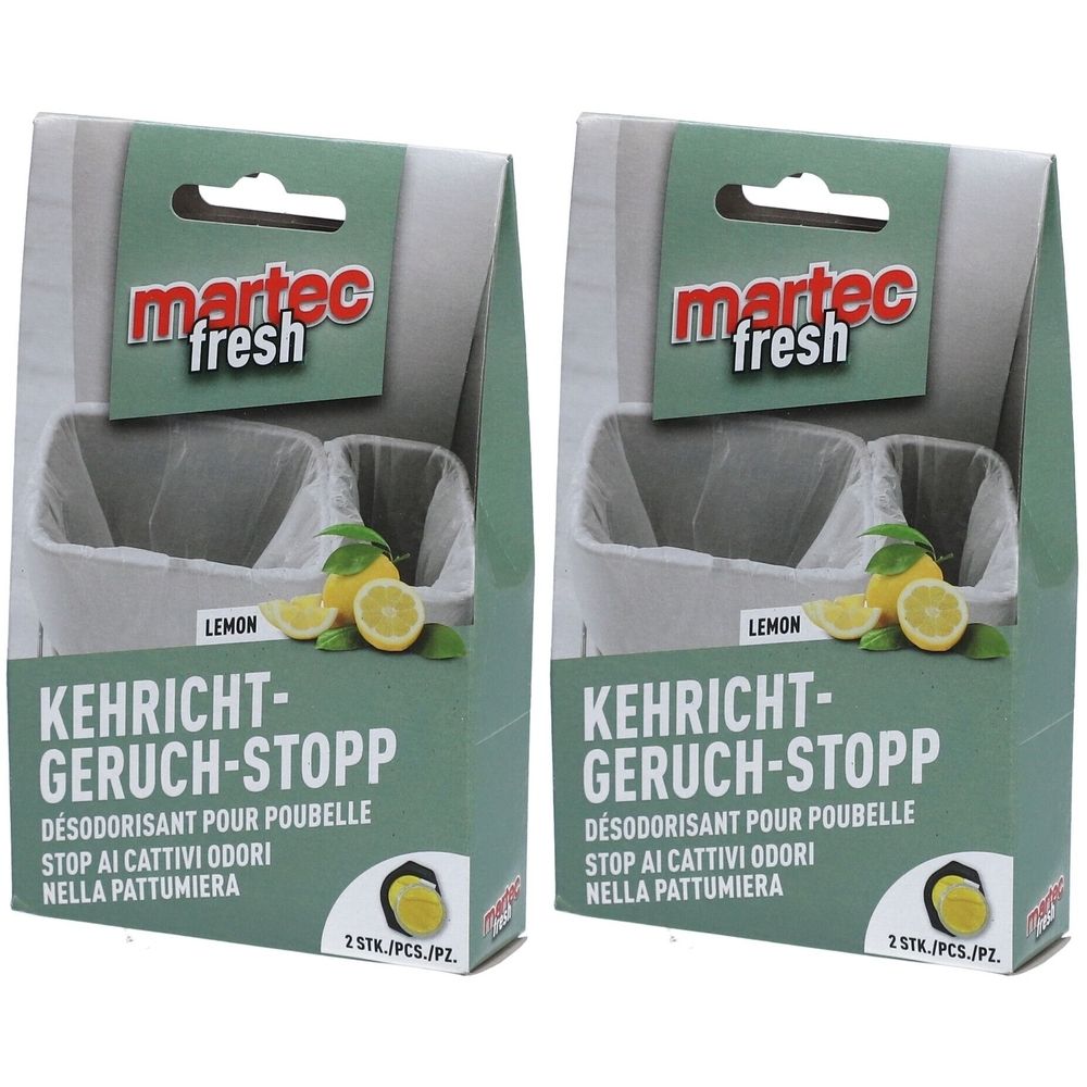 Deux emballages verts avec le logo "martec fresh" et le nom du produit. Inscription : "KEHRICHT-GERUCH-STOPP". Illustration de citrons.