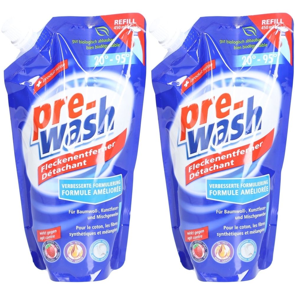 Deux recharges bleues avec bouchon blanc. Inscription "pre-wash Fleckenentferner". Texte en allemand et français. Recharge.