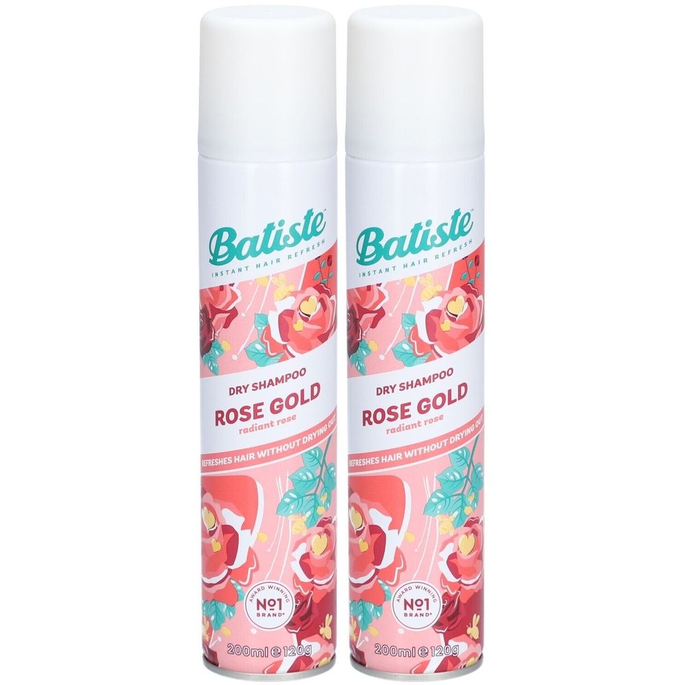 Deux bouteilles de shampooing sec Batiste Rose Gold. Design rose et blanc avec motifs de roses. Bouchons blancs.