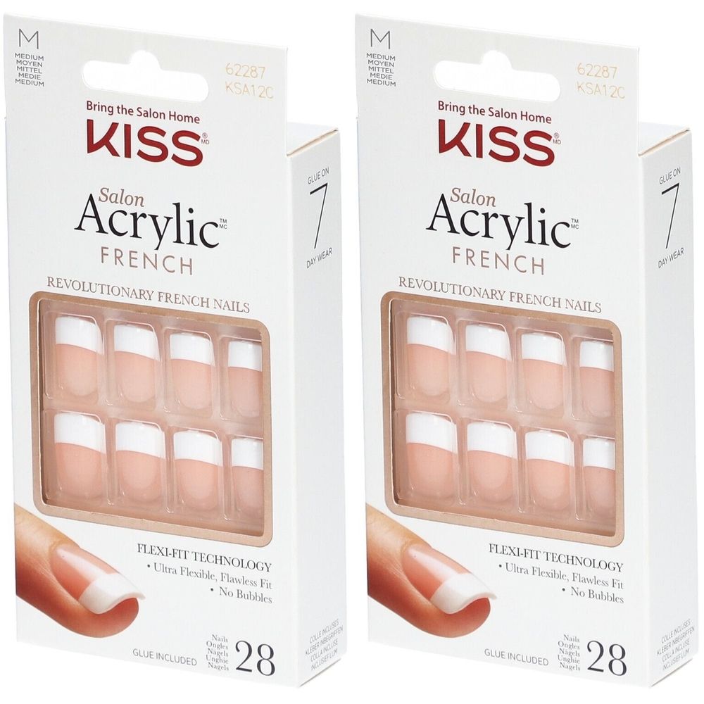 Deux boîtes de faux ongles KISS. Design French avec bout blanc. 28 pièces par boîte. Colle incluse.