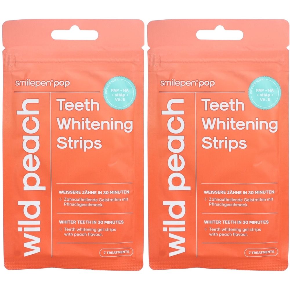 Deux emballages oranges avec "smilepen pop" et "wild peach". Contient des "Teeth Whitening Strips".