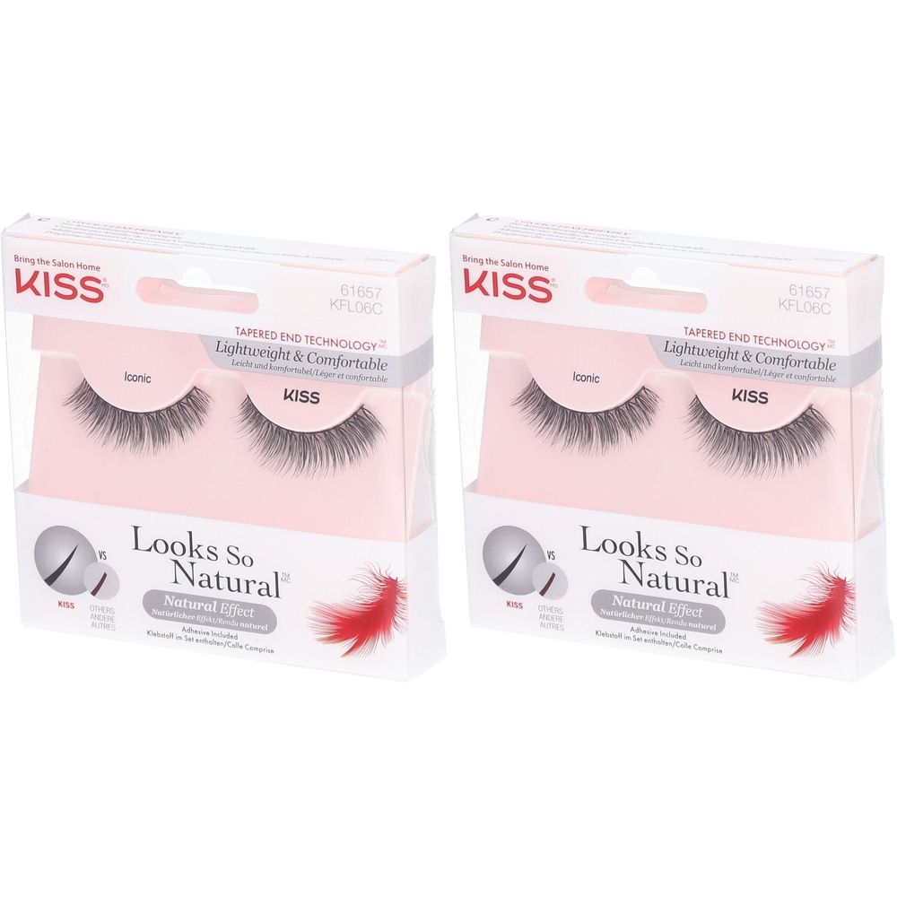 Deux boîtes de faux cils KISS Looks So Natural. Emballage avec fenêtre transparente, cils visibles. Inscription: Iconic.