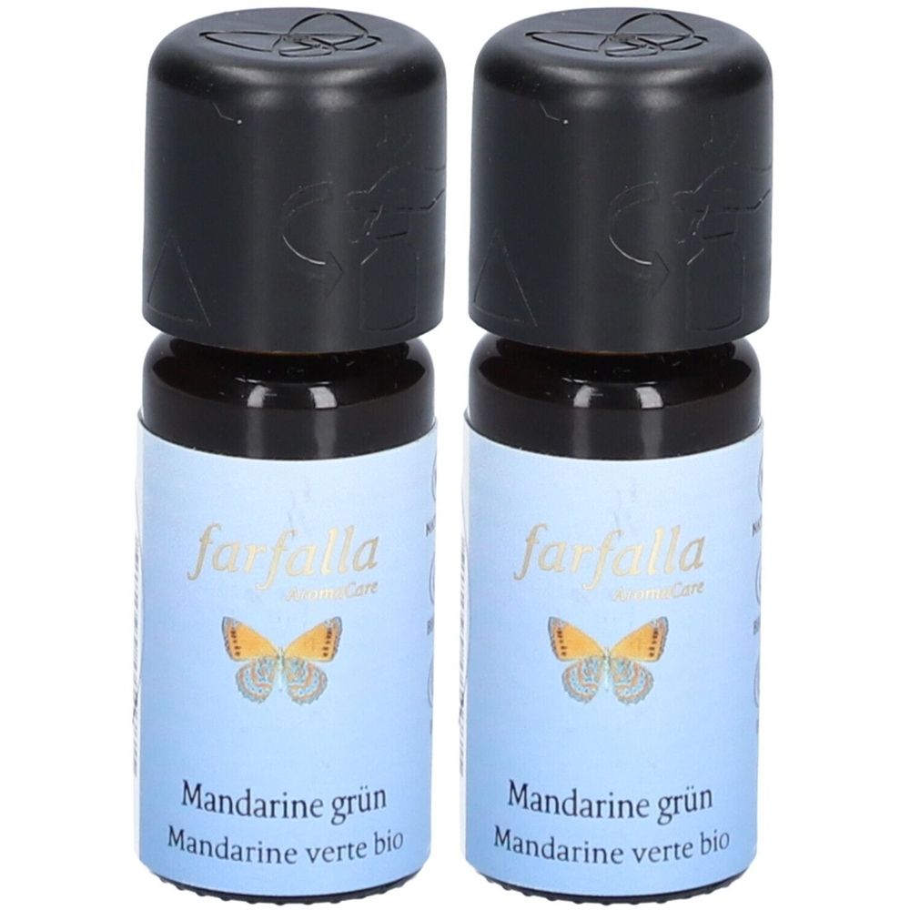 Deux petites bouteilles en verre avec des bouchons noirs. Les étiquettes indiquent "farfalla" et "Mandarinen grün".