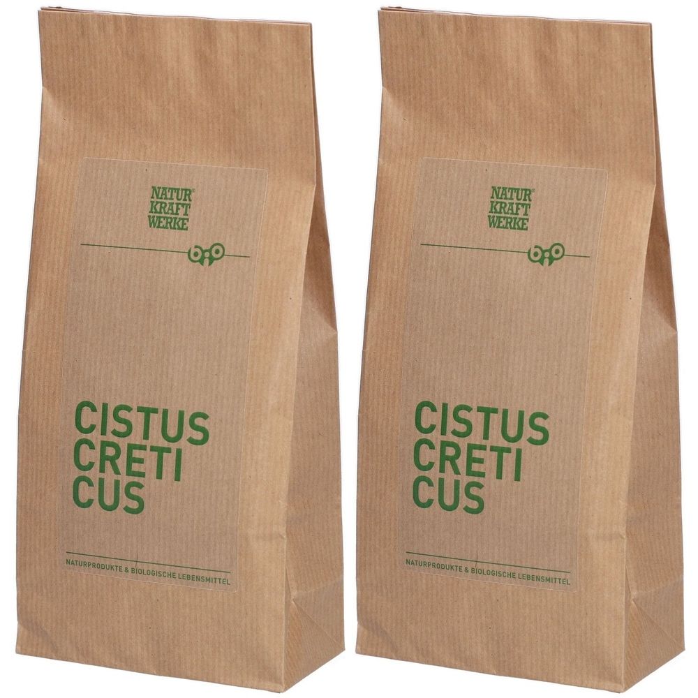 Deux sacs en papier brun avec impression verte. En haut, NATUR KRAFT WERKE, en dessous CISTUS CRETICUS.