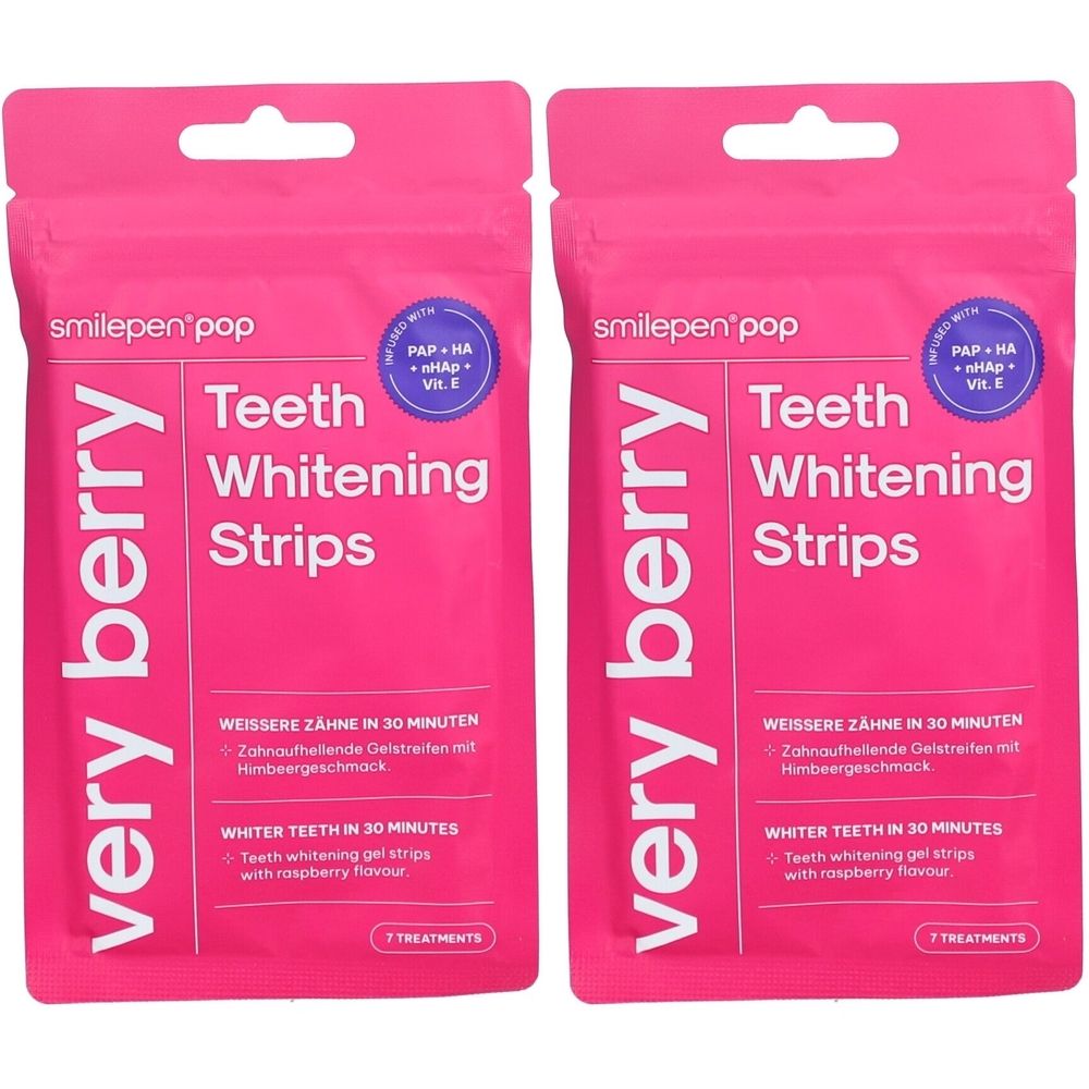 Deux paquets roses. Inscription : smilepen pop, Teeth Whitening Strips, very berry. Contient 7 traitements.