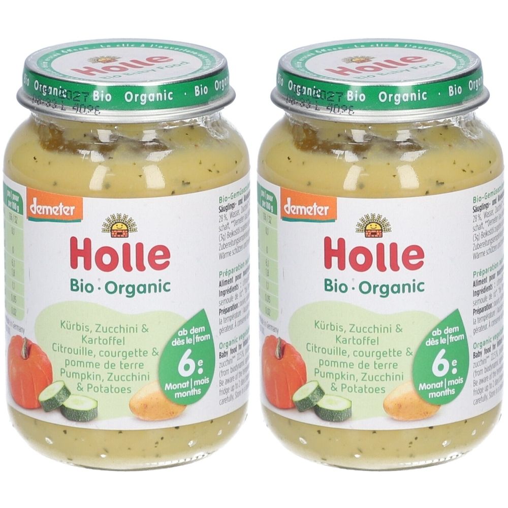 Deux pots de purée pour bébé Holle Bio-Organic. Inscription: Courge, courgette et pomme de terre. À partir de 6 mois. Label Demeter. Couvercle vert.