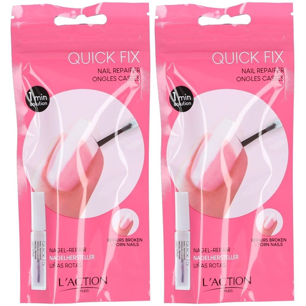 Deux produits de réparation des ongles en emballage rose. Inscription: Quick Fix, Nail Repair. L'ACTION PARIS. Contient un pinceau.