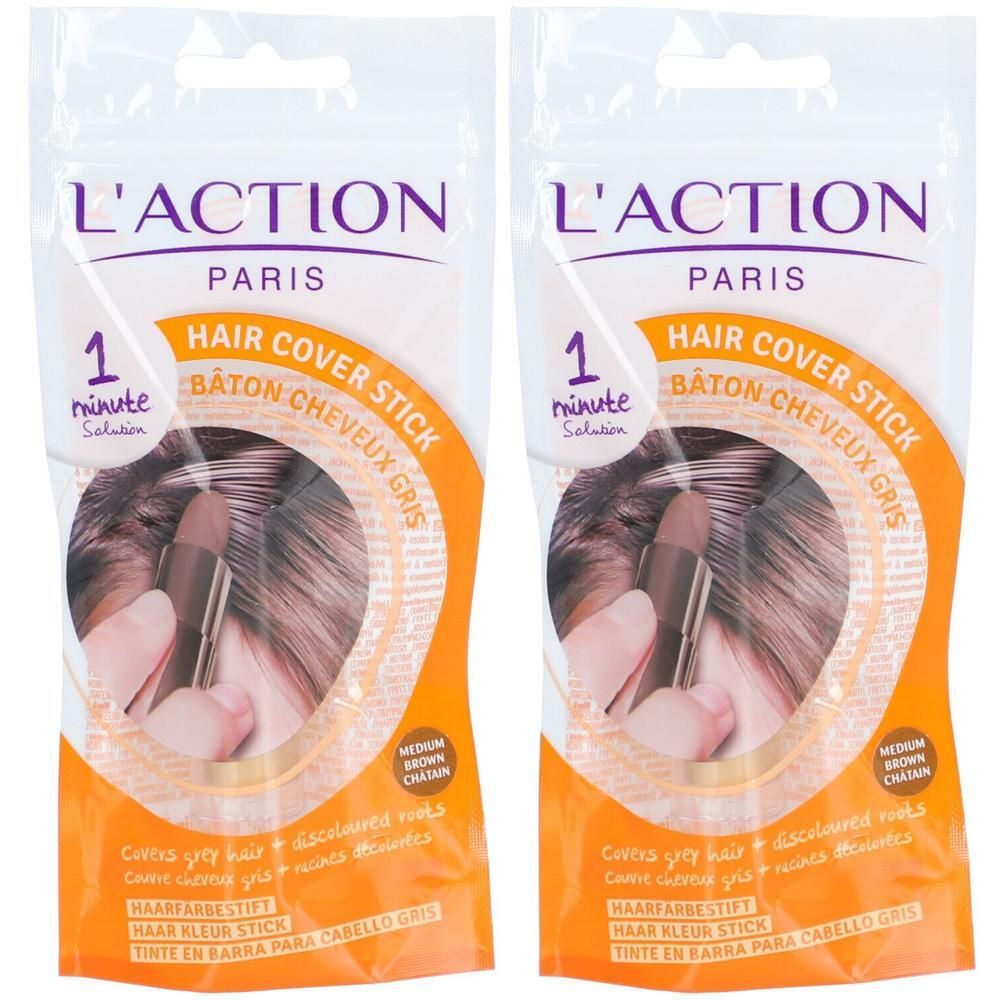 Deux paquets de bâtons de coloration capillaire. Inscription : L'ACTION PARIS, Hair Cover Stick, 1 Minute Solution. Couleur : Brun moyen.