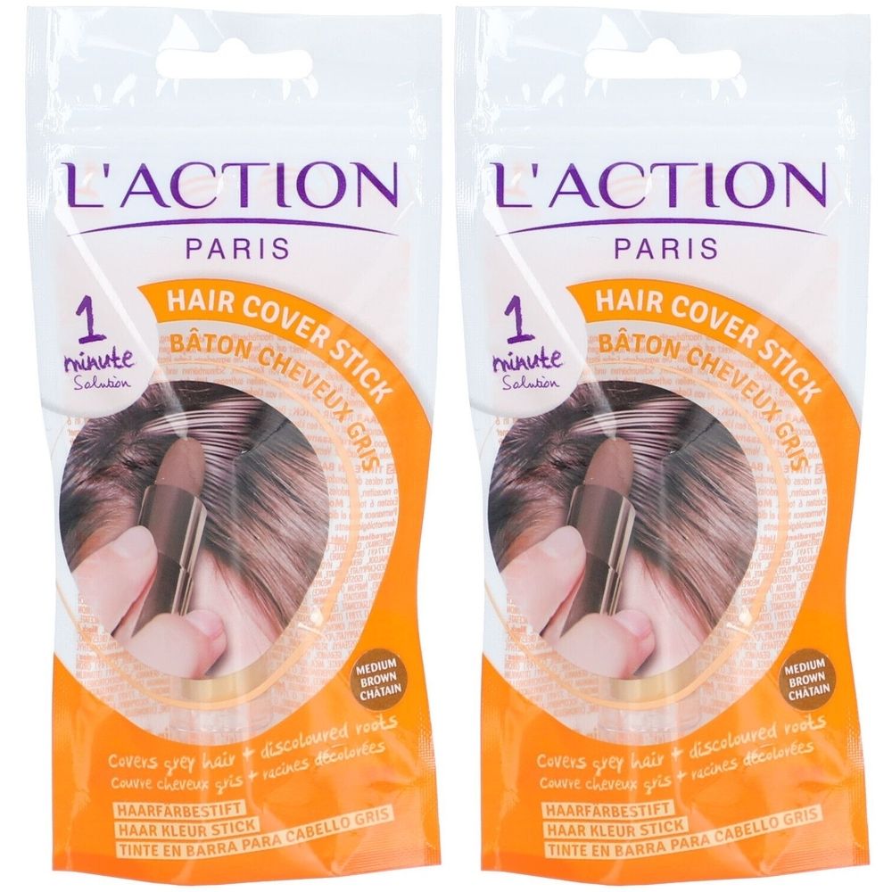 Deux bâtons de coloration capillaire L'ACTION châtain. Emballage avec image du produit et nom du produit.
