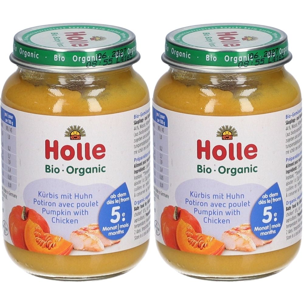 Deux pots Holle Bio-Organic Potiron avec poulet dès 5 mois. Pots avec couvercles, étiquettes avec images et texte. Label bio.
