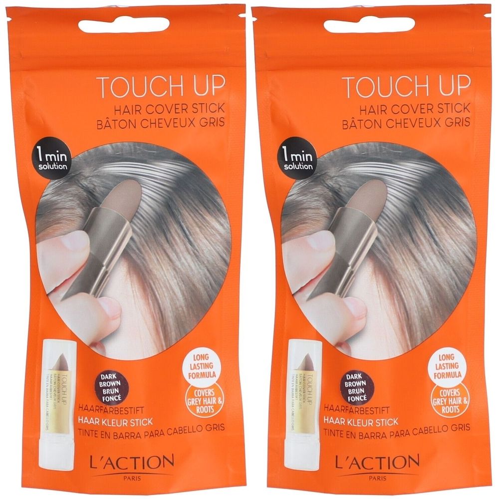 Deux bâtons de coloration capillaire L'ACTION COSMETIQUE marron. Emballage orange avec image du produit et texte.