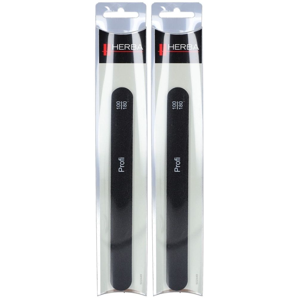 Deux limes à ongles noires dans un emballage transparent. Chaque lime porte l'inscription "Profi" et "100/180". "HERBA" est en haut.