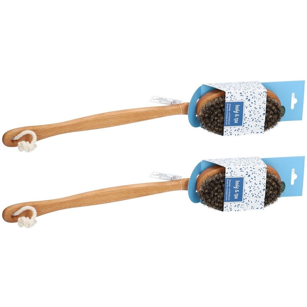 Deux brosses en bois avec long manche et tête ovale. Emballage avec étiquette bleue et informations produit.