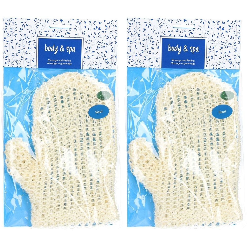 Deux gants de massage en sisal dans un emballage plastique. Inscription : body & spa. Étiquettes bleues et vertes. Gants beiges.