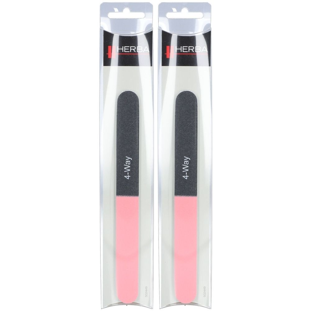 Deux limes à ongles dans des emballages transparents. Chaque lime a un côté noir et un côté rose, avec l'inscription "4-Way".