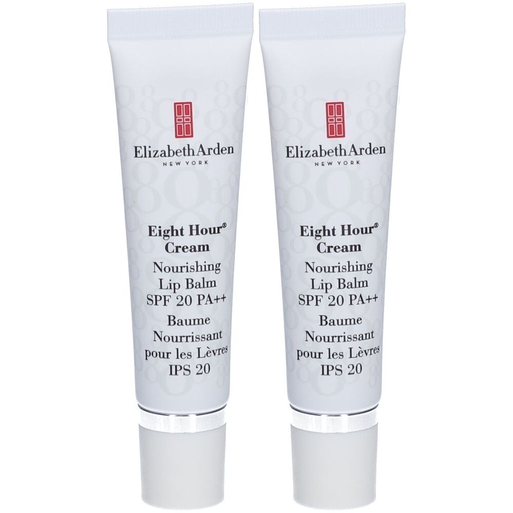 Deux tubes de Baume pour les lèvres Elizabeth Arden Eight Hour Cream. Tubes blancs avec logo rouge et mentions du produit. SPF 20.