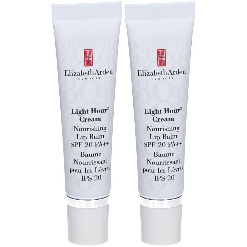 Deux tubes de Baume pour les lèvres Elizabeth Arden Eight Hour Cream. Tubes blancs avec logo rouge et mentions du produit. SPF 20.