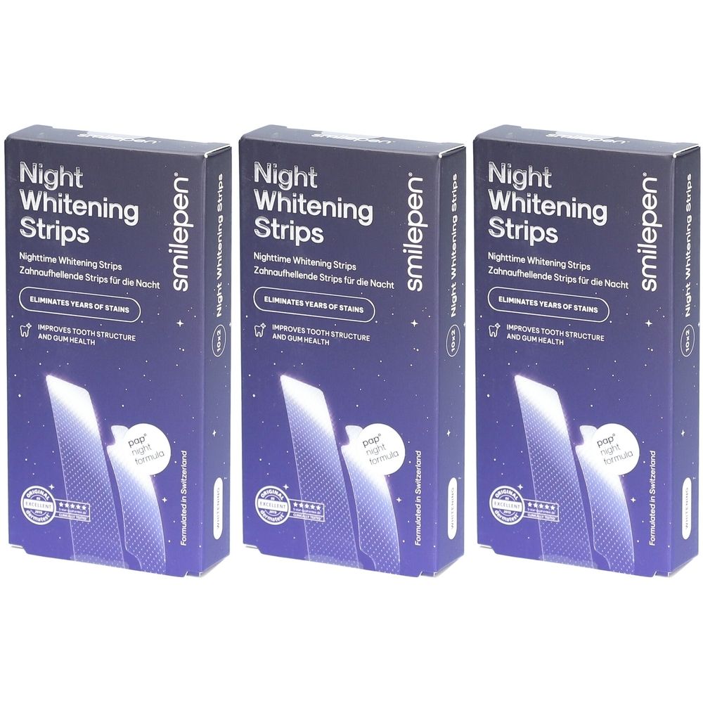 Trois boîtes de Smilepen Night Whitening Strips. Inscription : Night Whitening Strips, élimine les taches, améliore la structure dentaire.