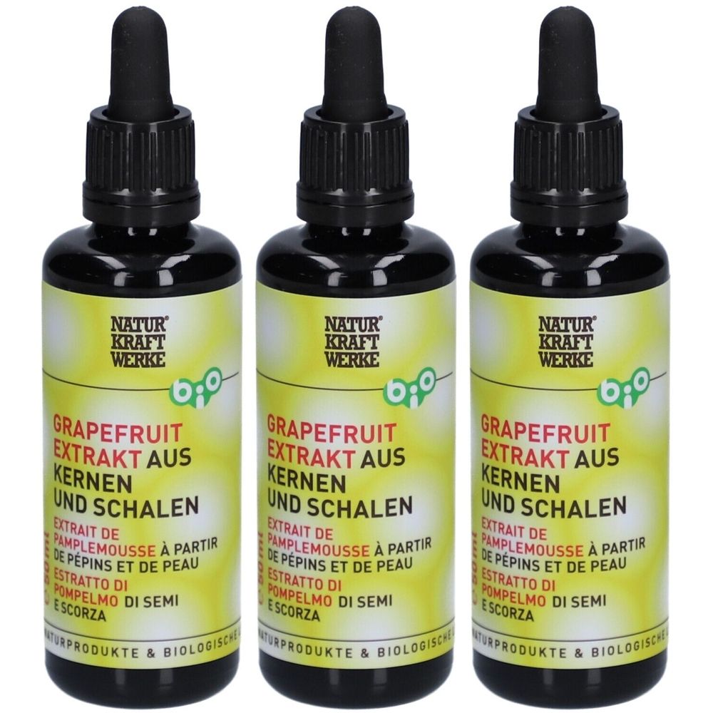 Trois flacons avec bouchons noirs et pipettes. Les étiquettes indiquent "GRAPEFRUIT EXTRAKT" et "NATUR KRAFT WERKE".