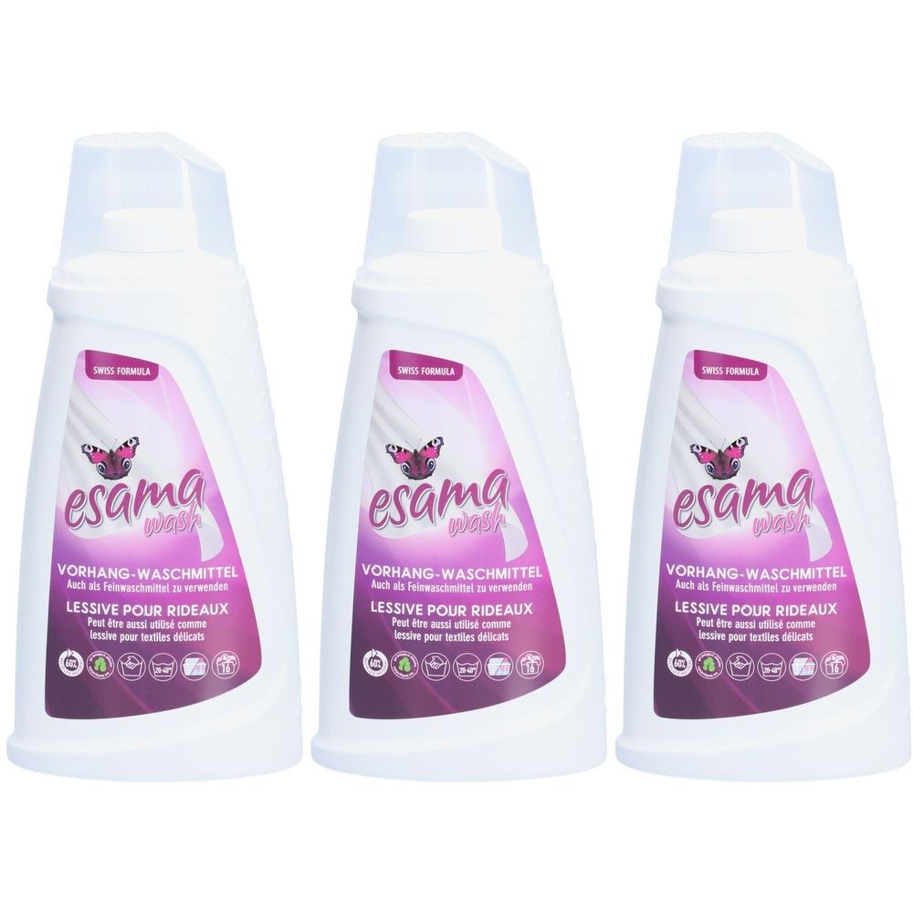 Trois bouteilles blanches avec bouchons transparents. Chaque bouteille porte l'inscription "esama wash" et "LESSIVE POUR RIDEAUX".