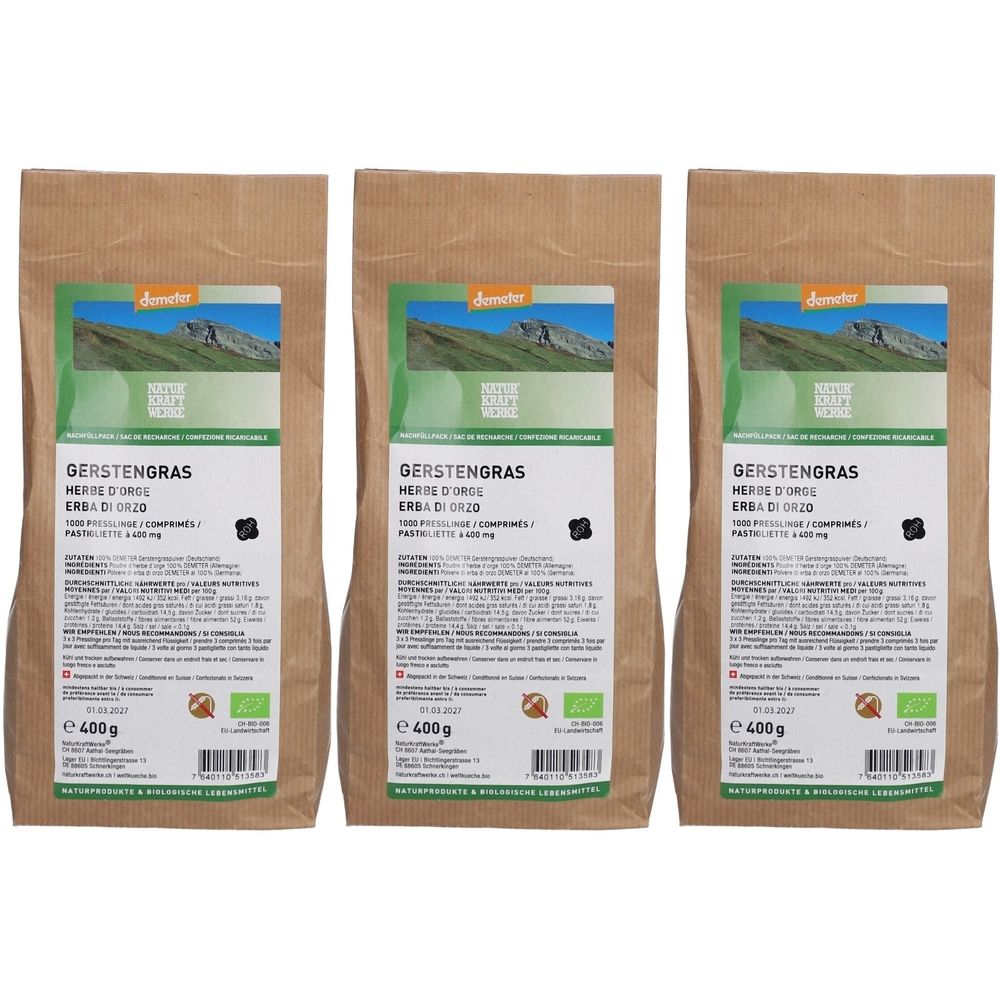Trois sachets avec étiquettes. Inscription: Gerstengras, Herbe d'Orge, Erba di Orzo. Certification bio. 400g.