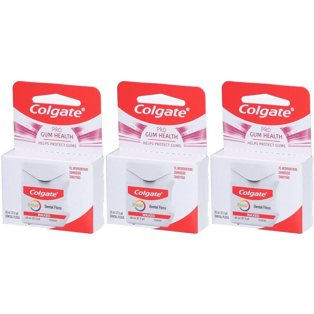 Trois boîtes de fil dentaire Colgate. Chaque boîte a un dessus rouge avec le logo Colgate et un récipient blanc. Inscription : Pro Gum Health.