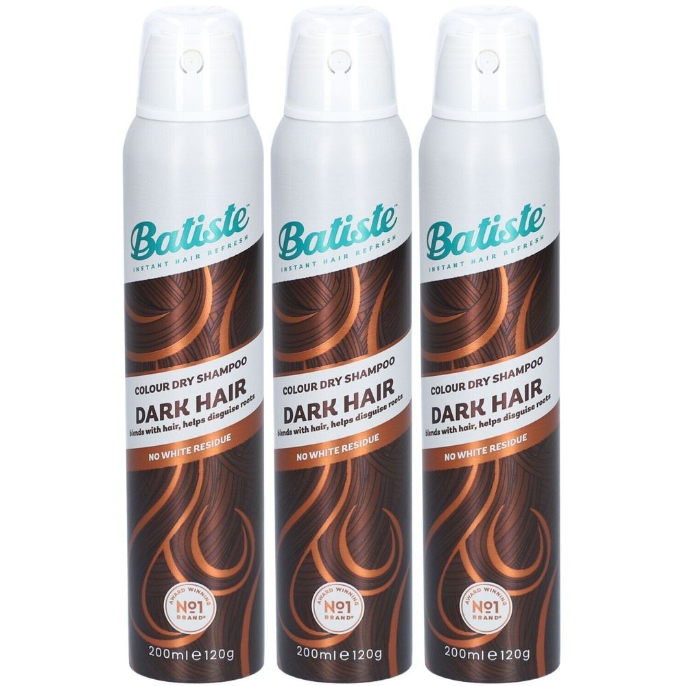 Trois flacons de shampooing sec. Inscription : Batiste, Colour Dry Shampoo, Dark Hair. Pas de résidus blancs. 200ml, 120g.