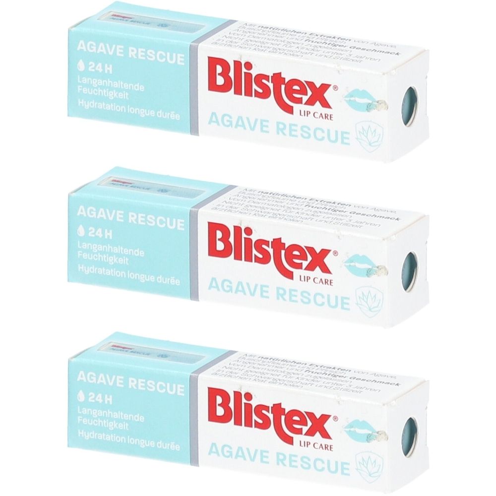Trois boîtes de Blistex Agave Rescue. Boîtes blanches avec texte bleu et rouge. Inscription : Agave Rescue, 24H, soin des lèvres.