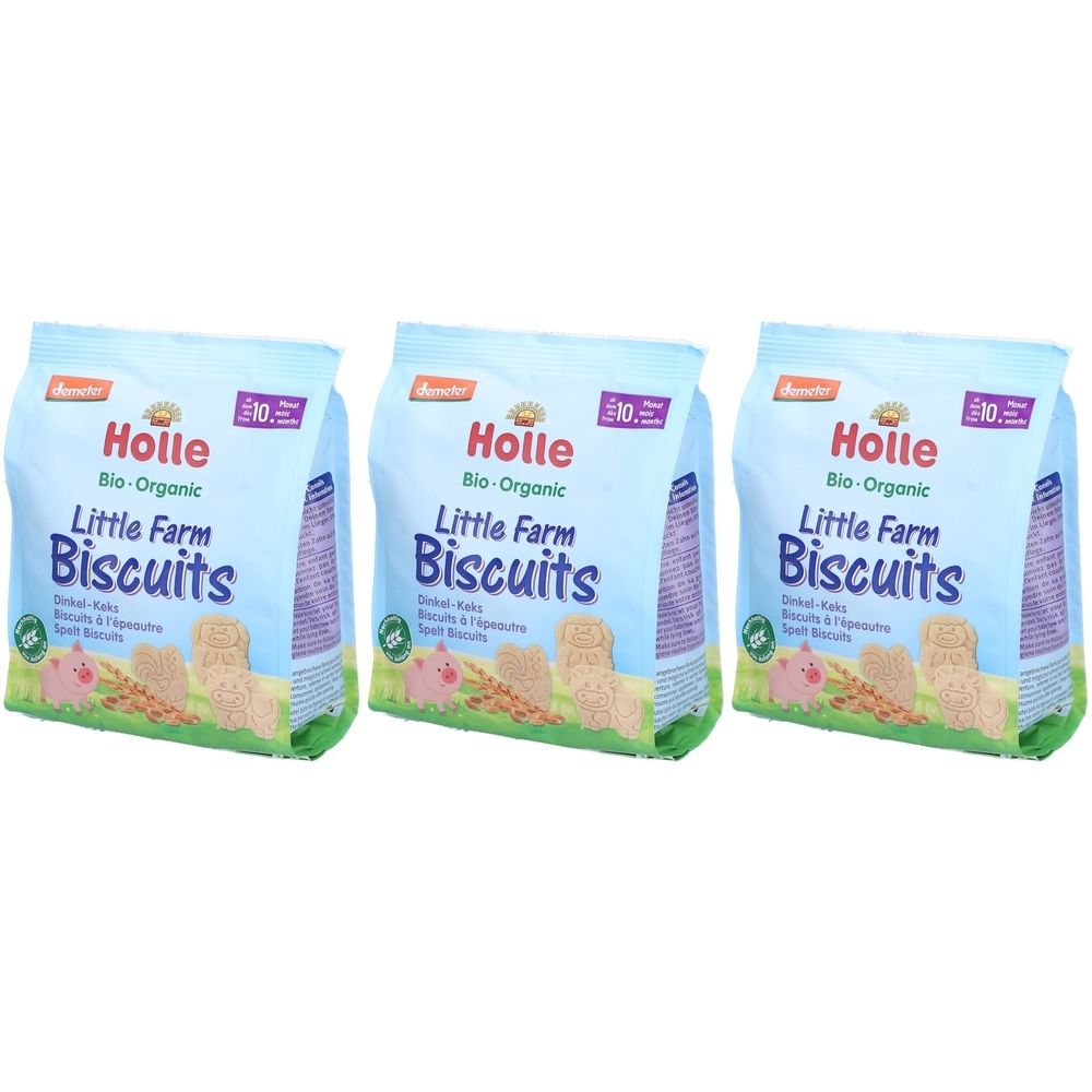 Trois paquets de biscuits Holle Little Farm. Fond bleu clair. Inscription : Bio-Organic, biscuits, illustrations de porcs et de céréales, 10+.