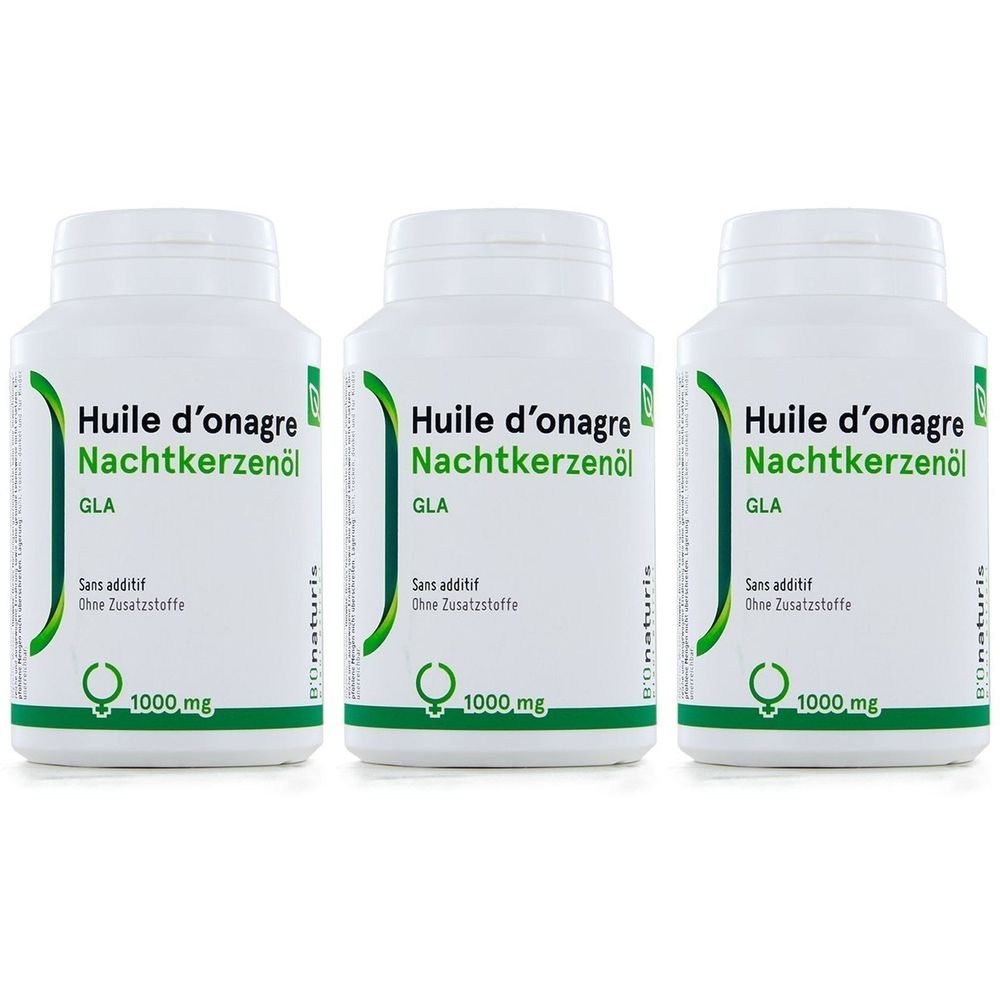 Trois flacons blancs avec étiquettes vertes. Inscription: Huile d'onagre Nachtkerzenöl, GLA, 1000 mg. Marque: Bionaturis.