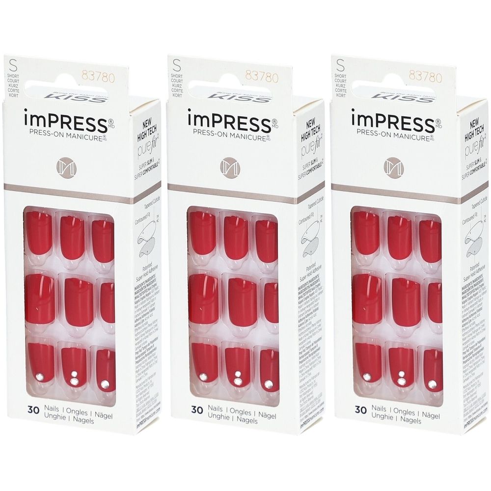 Trois boîtes de faux ongles rouges carrés. Marque imPRESS. 30 ongles par boîte.