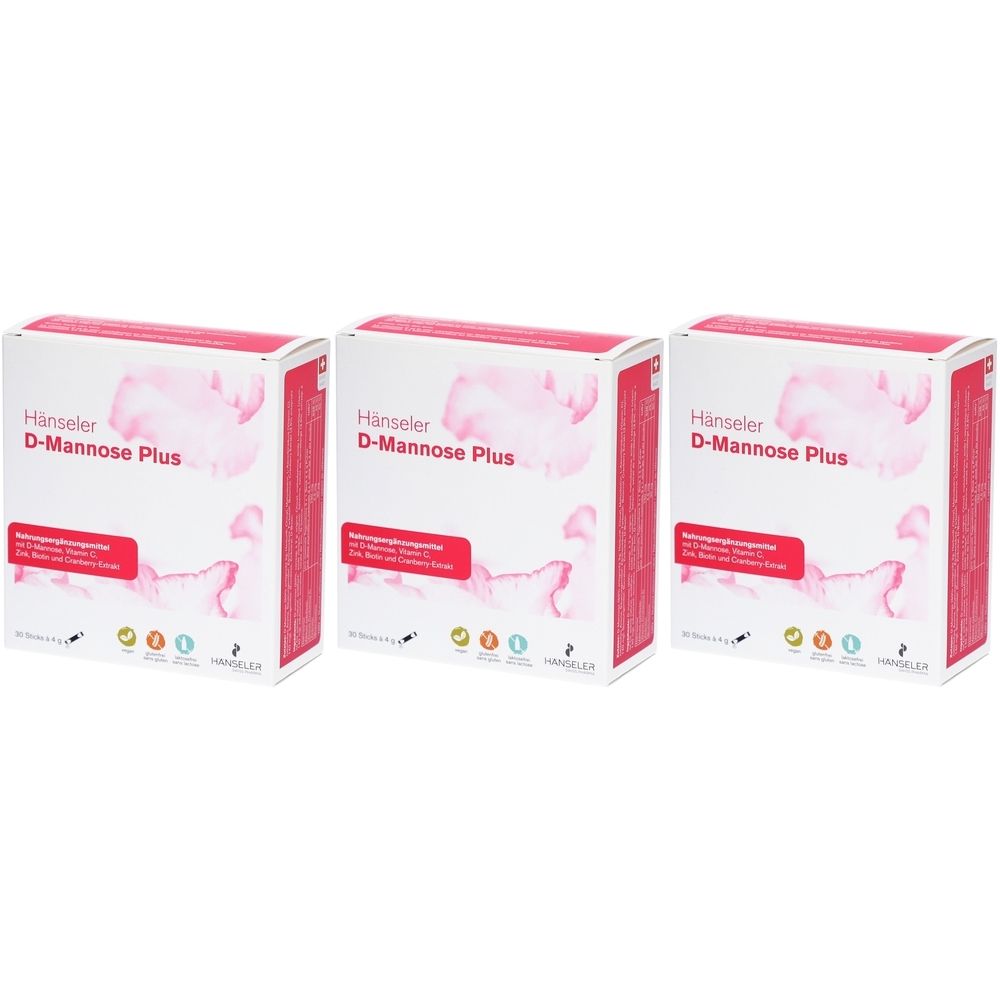 Trois boîtes de Hänseler D-Mannose Plus. Emballage blanc avec design rose et texte rouge. Nom du produit et logo visibles.