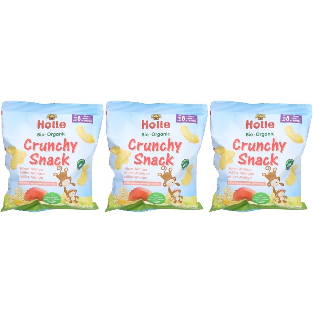 Trois paquets de Holle Bio-Organic Crunchy Snack Hirse-Mango. Fond bleu clair, nom du produit et illustrations de fruits et de singes.