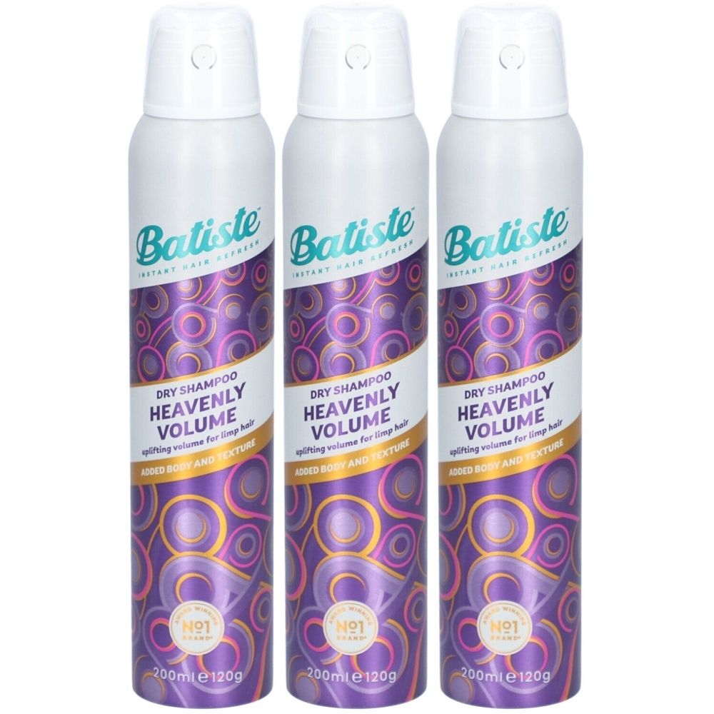 Trois flacons de shampoing sec Batiste Heavenly Volume. Capuchon blanc, motif violet et doré. Contenance visible.