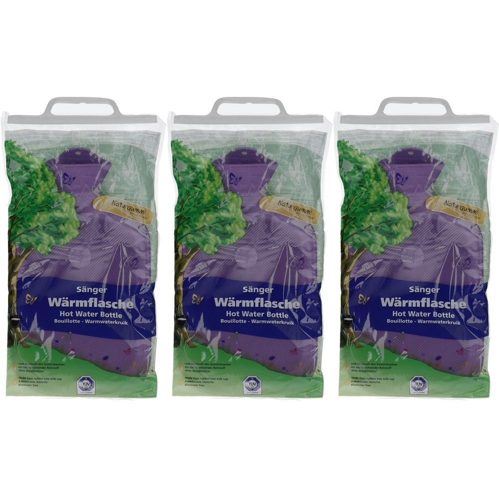 Trois bouillottes dans un emballage plastique. Inscription : Sänger Wärmflasche, Hot Water Bottle. Design vert-violet avec poignée.