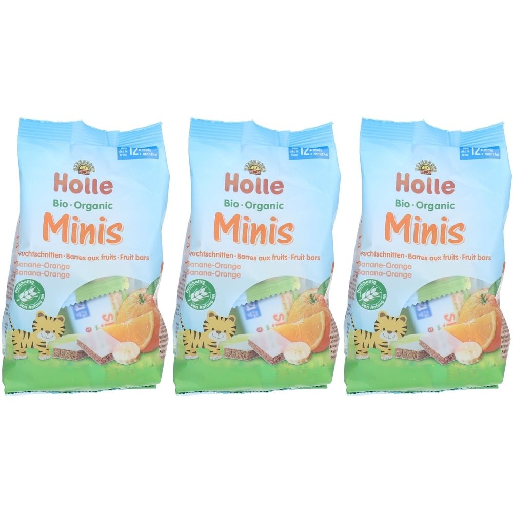 Trois sachets de barres de fruits HOLLE Minis. Emballage bleu avec logo, nom du produit et illustration de fruits. Bio.