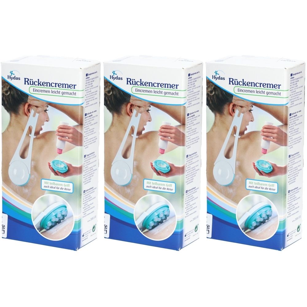 Trois emballages de produit. Sur chaque emballage, un applicateur de crème pour le dos est illustré. L'applicateur a une poignée blanche et une tête bleue.