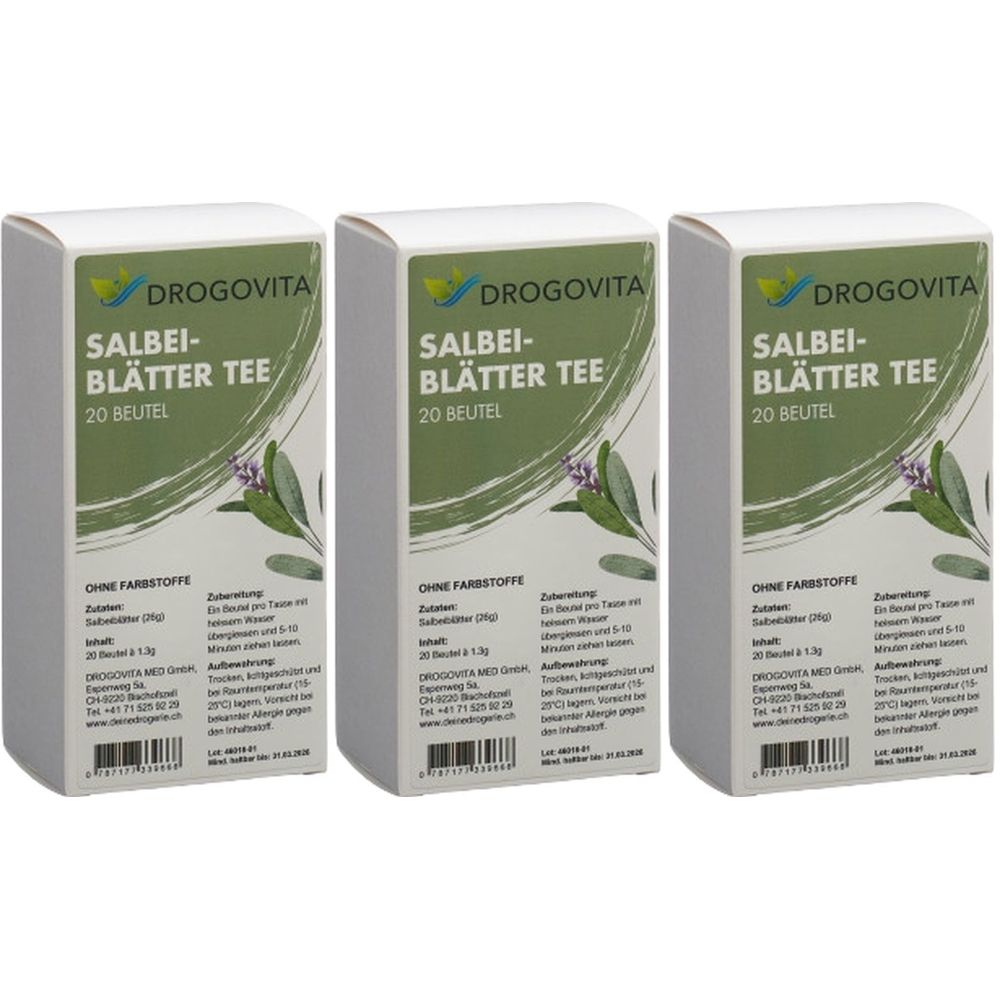 Trois boîtes de thé DROGOVITA Salbei-Blätter. Chaque boîte contient 20 sachets. Inscription : Sans colorants.