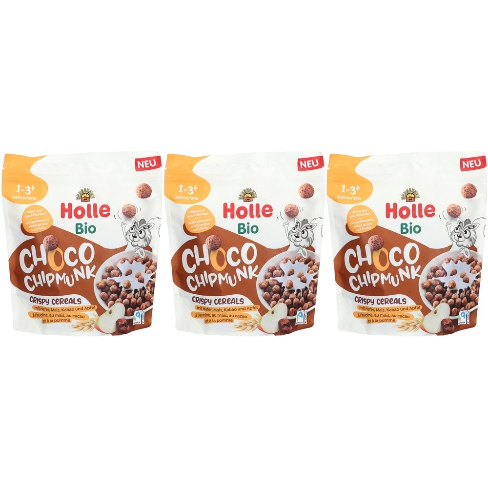 Trois paquets de céréales croustillantes Holle Bio Choco Chipmunk. Paquets blancs avec logo et nom du produit marron. Inscription : 1-3, NOUVEAU.