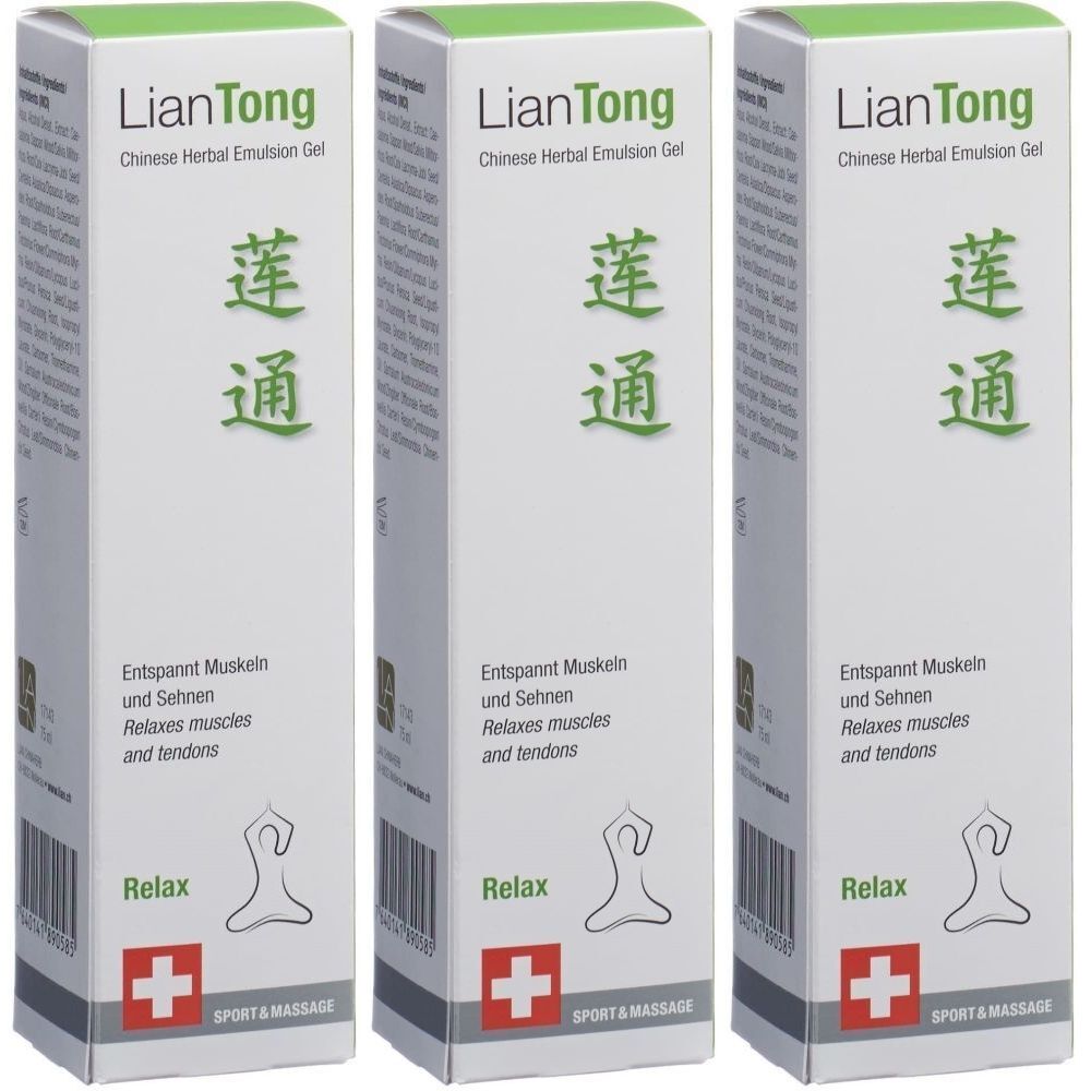 Trois boîtes rectangulaires, design vert et blanc. Inscription: LianTong Chinese Herbal Emulsion Gel. Texte en allemand et anglais. Croix suisse.