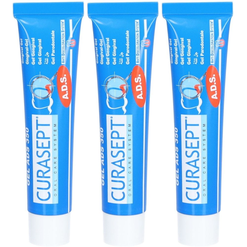 Trois tubes bleus avec bouchon blanc. Inscription: CURASEPT ADS 350, Gel Gingival. Avec logo rouge A.D.S.