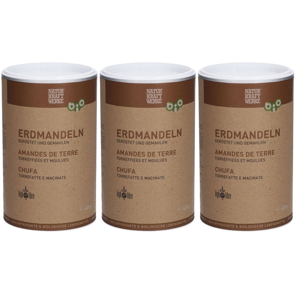 Trois boîtes cylindriques avec couvercles. Inscription: ERDMANDELN, AMANDES DE TERRE, CHUFA. Label bio et logo de la marque.