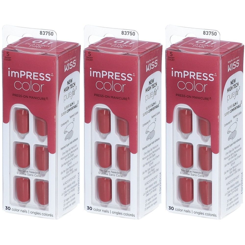 Trois boîtes de faux ongles Kiss imPRESS Color. Ongles rouges dans un emballage en carton. Marque et nom du produit visibles.