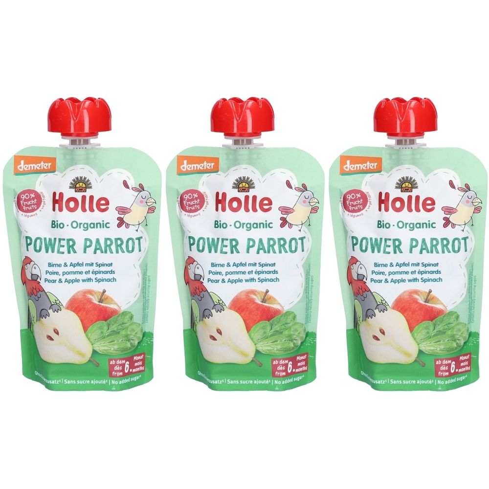 Trois gourdes Holle Bio-Organic Power Parrot. Inscription avec poire, pomme, épinards. Bouchon rouge.